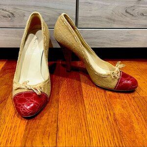 Prada Cream Tweed & Red Leather Round Toe Pump Heels 38